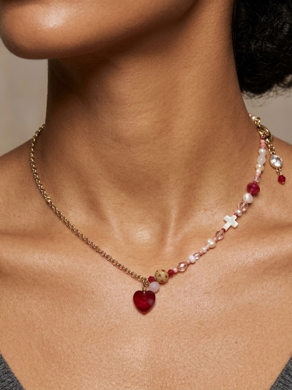 Source Unknown 12" Gold Tone Heart & Beaded Choker Necklace - Red & Pink Accents